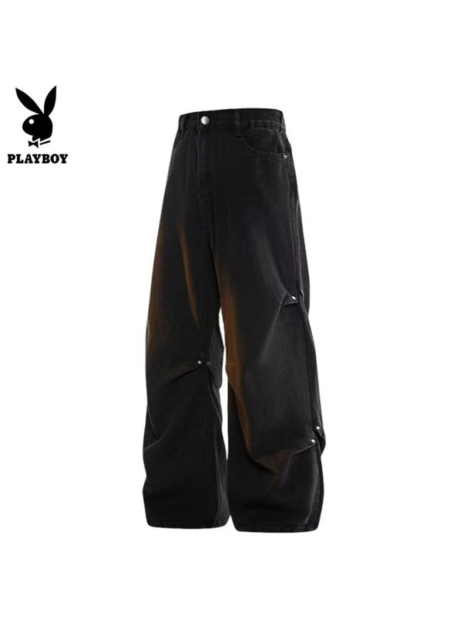 Playboy Men's Jeans Casual Pants Straight Loose High-end Wide-leg Trousers Navy Blue 3XL - Image 3