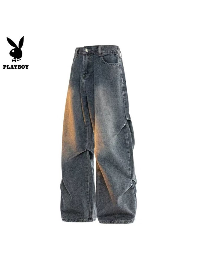 Playboy Men's Jeans Casual Pants Straight Loose High-end Wide-leg Trousers Navy Blue 3XL - Image 1