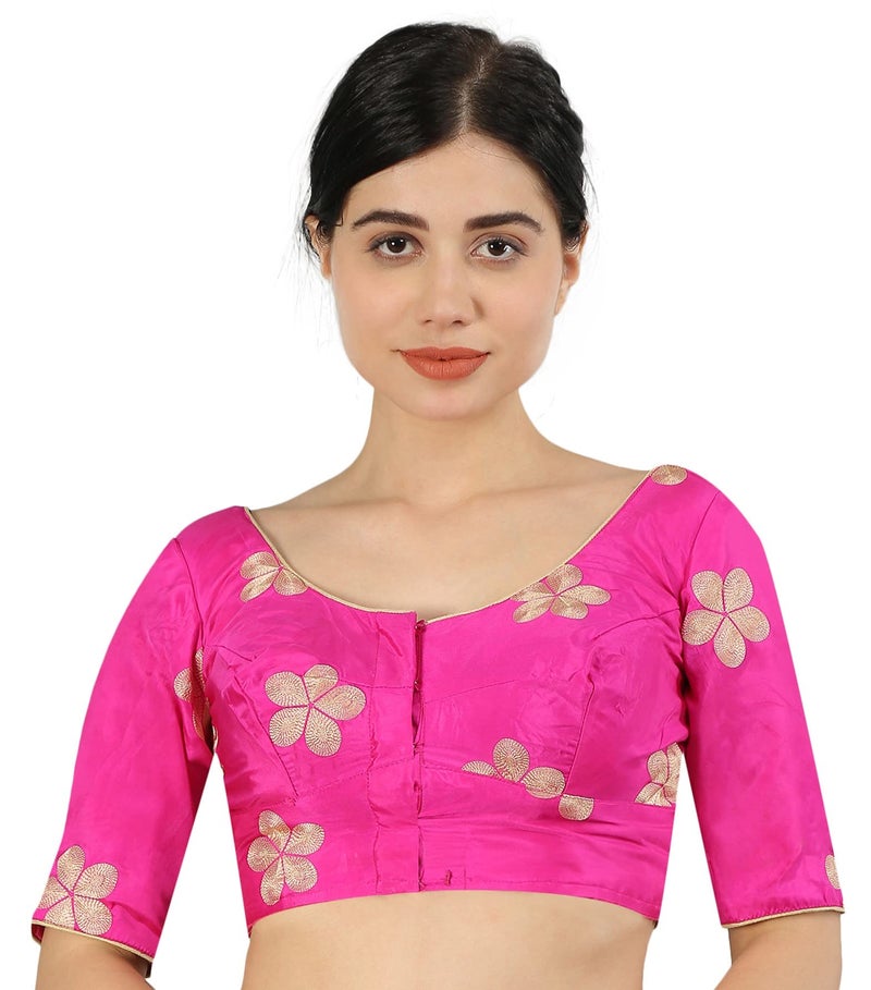 JISB Women's Silk Cotton Stitched All Over embrodered Saree Blouse with Short Sleeve (Pink, M - Size 34) - Image 1
