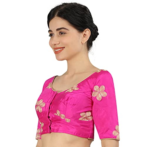 JISB Women's Silk Cotton Stitched All Over embrodered Saree Blouse with Short Sleeve (Pink, M - Size 34) - Image 2