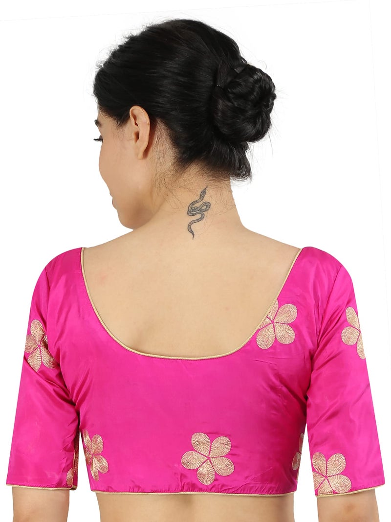 JISB Women's Silk Cotton Stitched All Over embrodered Saree Blouse with Short Sleeve (Pink, M - Size 34) - Image 3