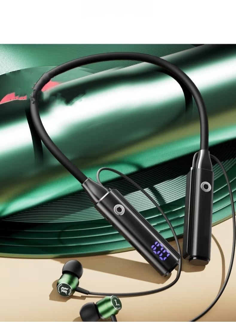 Neck-worn wireless Bluetooth sports headphones with large battery and long battery life digital display sports hanging neck headphones (green) - Image 1