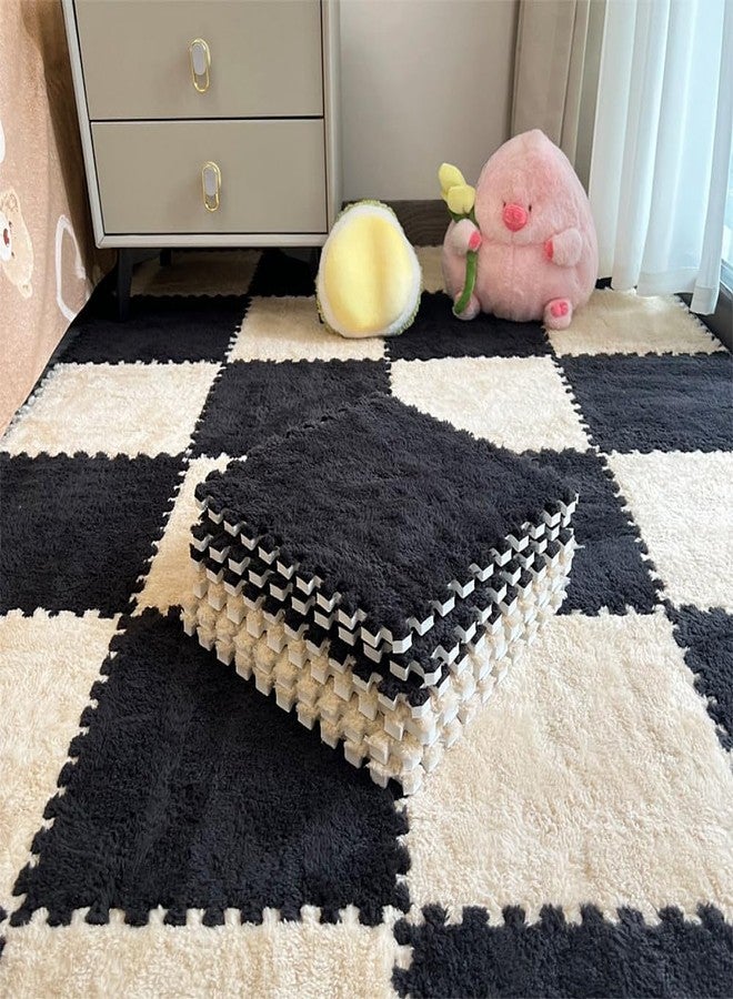 BXEBUI 12pcs Carpet Squares Puzzle Floor Mat, Plush Interlocking Carpet Tiles, Anti Slip EVA Foam Jigsaw Floor Tiles, Build A Safe Area for Bedroom Playroom (Beige+Black) - Image 1
