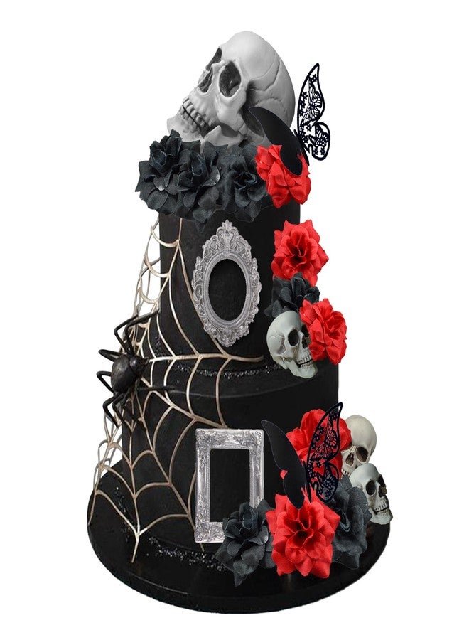DRWATE 19 PCS Halloween Cake Topper Gothic Rose Skull Cake Topper with Black Butterfly for Halloween Bloody Horror Movie Theme Birthday (type 1) - Image 1