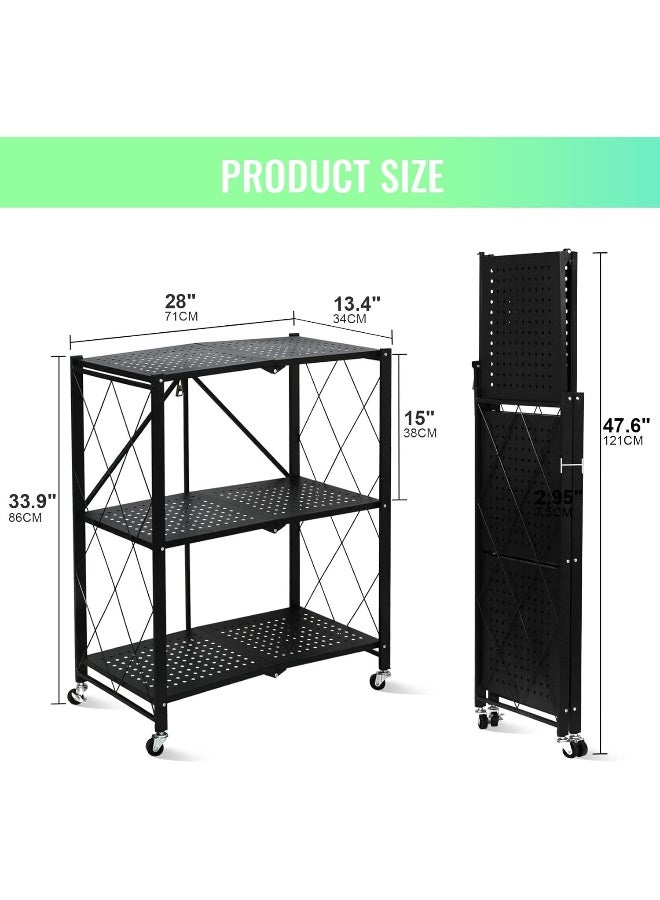 SKY-TOUCH 3-Tier Foldable Storage Shelves, Kitchen Shelf with Caster Wheels, Easy Assembly Shelf Foldable for Living Room Bedroom Kitchen Garage Black - Image 2