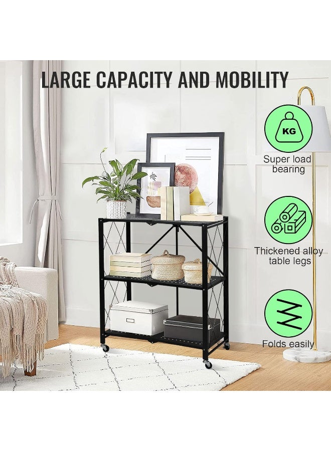 SKY-TOUCH 3-Tier Foldable Storage Shelves, Kitchen Shelf with Caster Wheels, Easy Assembly Shelf Foldable for Living Room Bedroom Kitchen Garage Black - Image 4