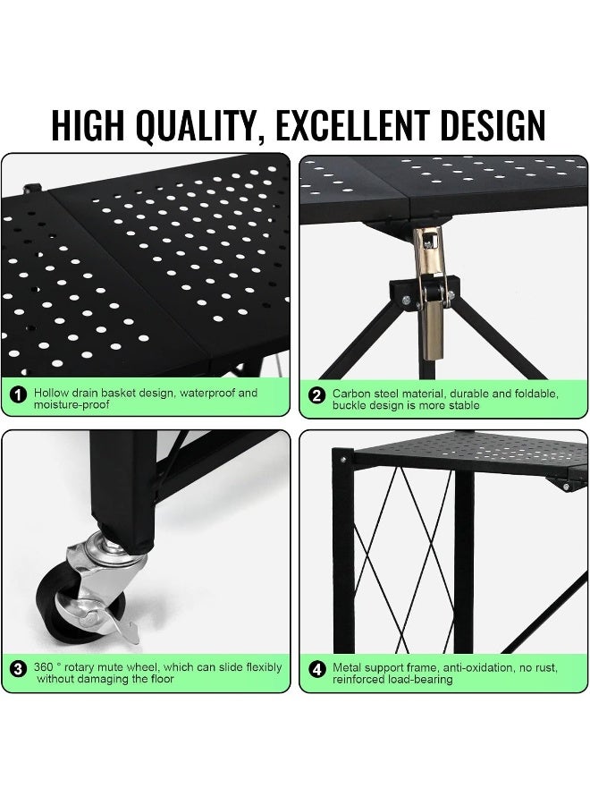 SKY-TOUCH 3-Tier Foldable Storage Shelves, Kitchen Shelf with Caster Wheels, Easy Assembly Shelf Foldable for Living Room Bedroom Kitchen Garage Black - Image 5