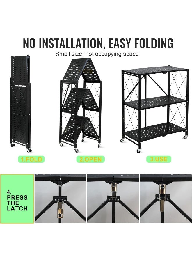 SKY-TOUCH 3-Tier Foldable Storage Shelves, Kitchen Shelf with Caster Wheels, Easy Assembly Shelf Foldable for Living Room Bedroom Kitchen Garage Black - Image 3