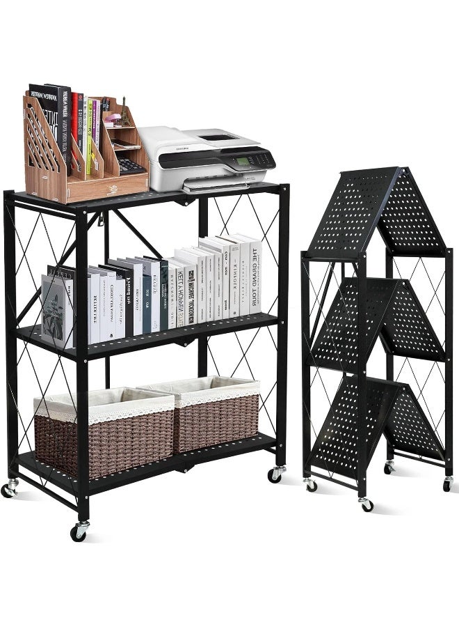 SKY-TOUCH 3-Tier Foldable Storage Shelves, Kitchen Shelf with Caster Wheels, Easy Assembly Shelf Foldable for Living Room Bedroom Kitchen Garage Black - Image 1