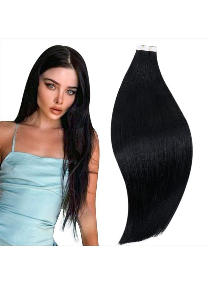 RUNATURE Tape in Hair Extensions Human Hair Jet Black Tape in Extensions Invisible Glue in Hair Extensions Seamless Full Ends Human Hair Tape Ins 16 Inches 50g 20 Pieces  - Image 1