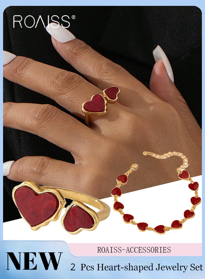 رويس طقم مجوهرات مكون من قطعتين على شكل قلب أحمر، سوار أنيق وفاخر على شكل قلب، خاتم غير متماثل قابل للتعديل بتصميم كلاسيكي، مناسب للارتداء اليومي والحفلات. - Image 1