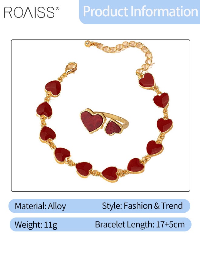 رويس طقم مجوهرات مكون من قطعتين على شكل قلب أحمر، سوار أنيق وفاخر على شكل قلب، خاتم غير متماثل قابل للتعديل بتصميم كلاسيكي، مناسب للارتداء اليومي والحفلات. - Image 2