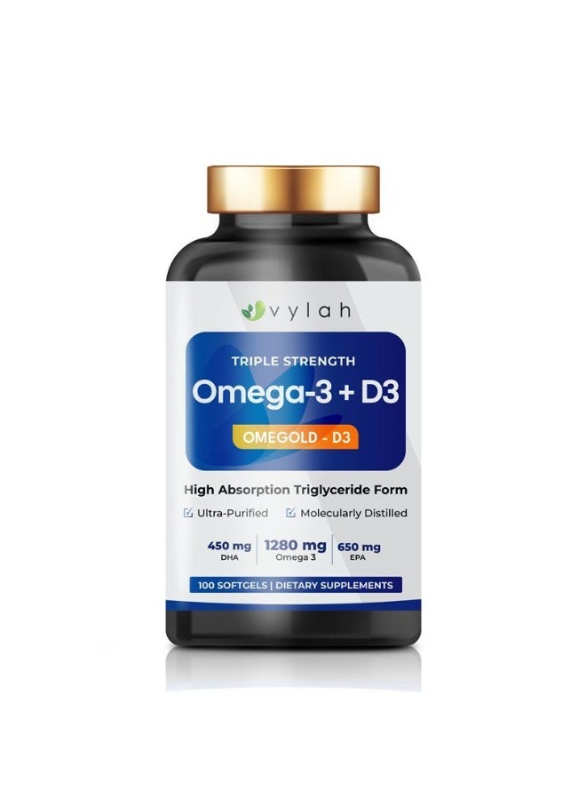 Vylah Omega 3 Fish Oil 1280mg + Vitamin D3 25mcg - 100 Softgels | Triple Strength Omega 3 Supplement with EPA DHA | Triglyceride Form Fish Oil | Heart Brain Joint Bone & Immune Support | 50 Days Supply - Image 1