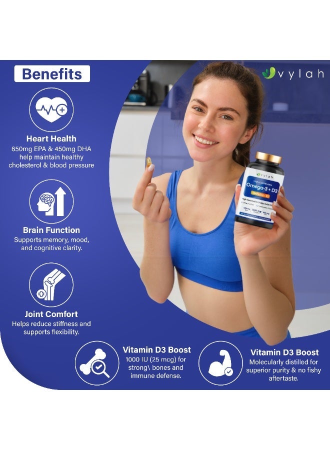 Vylah Omega 3 Fish Oil 1280mg + Vitamin D3 25mcg - 100 Softgels | Triple Strength Omega 3 Supplement with EPA DHA | Triglyceride Form Fish Oil | Heart Brain Joint Bone & Immune Support | 50 Days Supply - Image 5