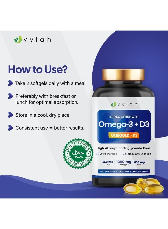 Vylah Omega 3 Fish Oil 1280mg + Vitamin D3 25mcg - 100 Softgels | Triple Strength Omega 3 Supplement with EPA DHA | Triglyceride Form Fish Oil | Heart Brain Joint Bone & Immune Support | 50 Days Supply - Image 4