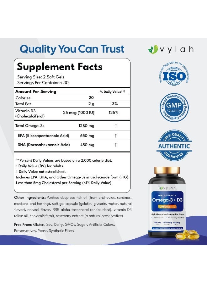 Vylah Omega 3 Fish Oil 1280mg + Vitamin D3 25mcg - 100 Softgels | Triple Strength Omega 3 Supplement with EPA DHA | Triglyceride Form Fish Oil | Heart Brain Joint Bone & Immune Support | 50 Days Supply - Image 2