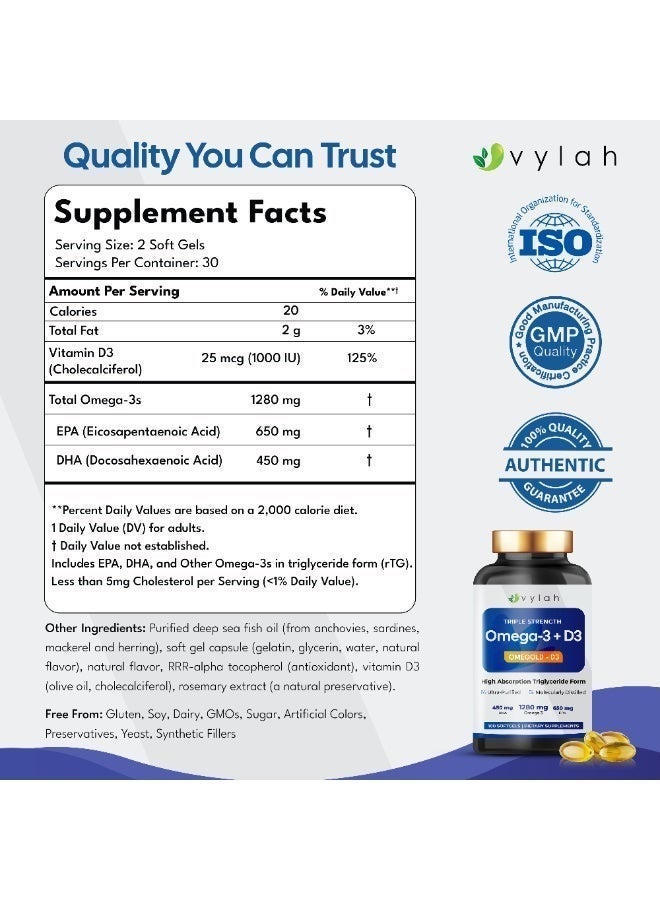 Vylah Omega 3 Fish Oil 1280mg + Vitamin D3 25mcg - 100 Softgels | Triple Strength Omega 3 Supplement with EPA DHA | Triglyceride Form Fish Oil | Heart Brain Joint Bone & Immune Support | 50 Days Supply - Image 2
