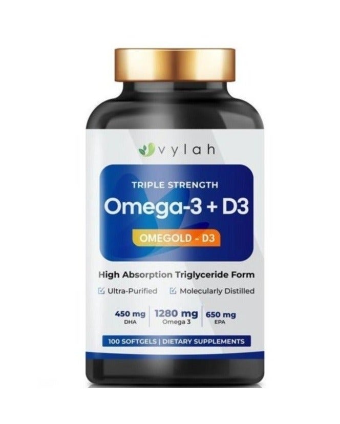 Vylah Omega 3 Fish Oil 1280mg + Vitamin D3 25mcg - 100 Softgels | Triple Strength Omega 3 Supplement with EPA DHA | Triglyceride Form Fish Oil | Heart Brain Joint Bone & Immune Support | 50 Days Supply - Image 1