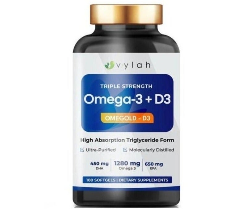 Vylah Omega 3 Fish Oil 1280mg + Vitamin D3 25mcg - 100 Softgels | Triple Strength Omega 3 Supplement with EPA DHA | Triglyceride Form Fish Oil | Heart Brain Joint Bone & Immune Support | 50 Days Supply - Image 1