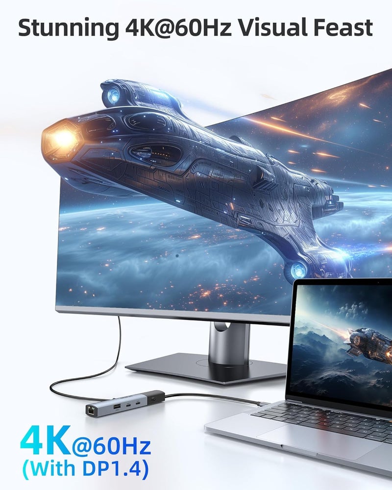 Mokin 10Gbps USB C Hub Ethernet, 7 in 1 USB C Adapter for MacBook Pro/Air with 4K@60HZ HDMI, 3*USB-C 10Gbps Data, RJ45, USB 2.0, 100W PD, USB C Dongle for MacBook Pro/Air/Dell/HP/Thinkpad/Lenovo. - Image 3