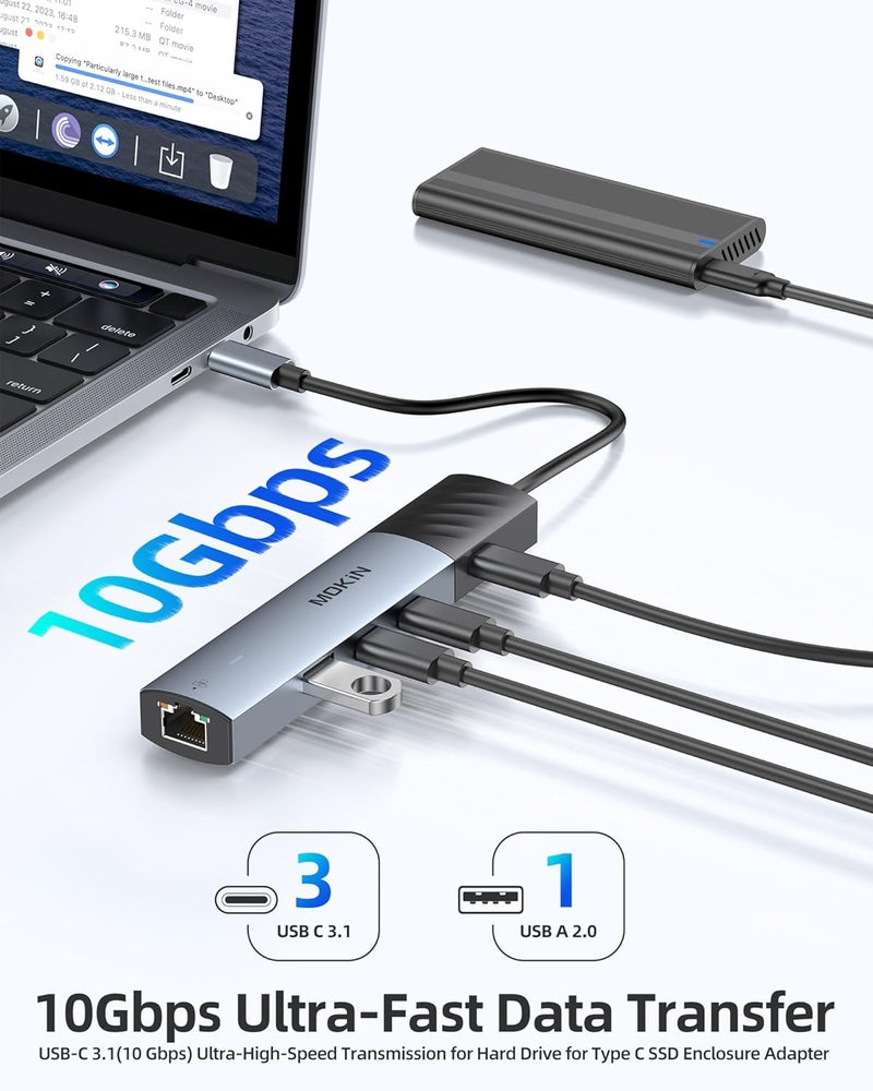 Mokin 10Gbps USB C Hub Ethernet, 7 in 1 USB C Adapter for MacBook Pro/Air with 4K@60HZ HDMI, 3*USB-C 10Gbps Data, RJ45, USB 2.0, 100W PD, USB C Dongle for MacBook Pro/Air/Dell/HP/Thinkpad/Lenovo. - Image 5