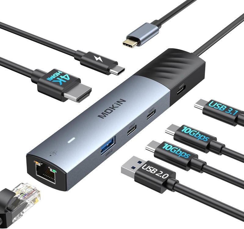 Mokin 10Gbps USB C Hub Ethernet, 7 in 1 USB C Adapter for MacBook Pro/Air with 4K@60HZ HDMI, 3*USB-C 10Gbps Data, RJ45, USB 2.0, 100W PD, USB C Dongle for MacBook Pro/Air/Dell/HP/Thinkpad/Lenovo. - Image 1