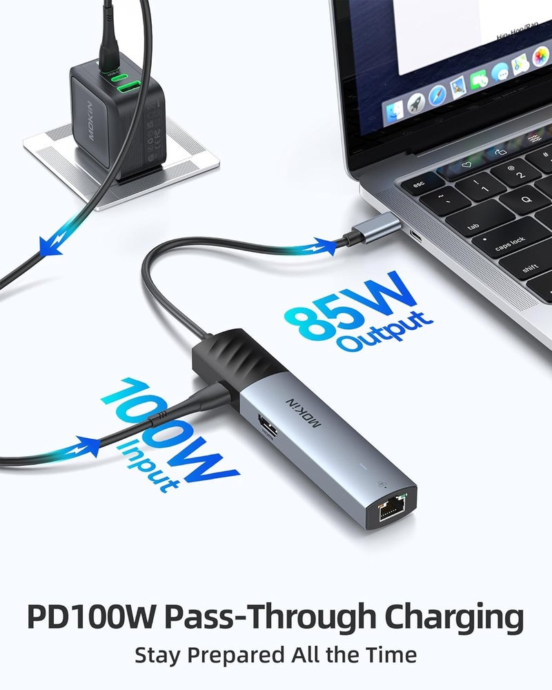 Mokin 10Gbps USB C Hub Ethernet, 7 in 1 USB C Adapter for MacBook Pro/Air with 4K@60HZ HDMI, 3*USB-C 10Gbps Data, RJ45, USB 2.0, 100W PD, USB C Dongle for MacBook Pro/Air/Dell/HP/Thinkpad/Lenovo. - Image 4