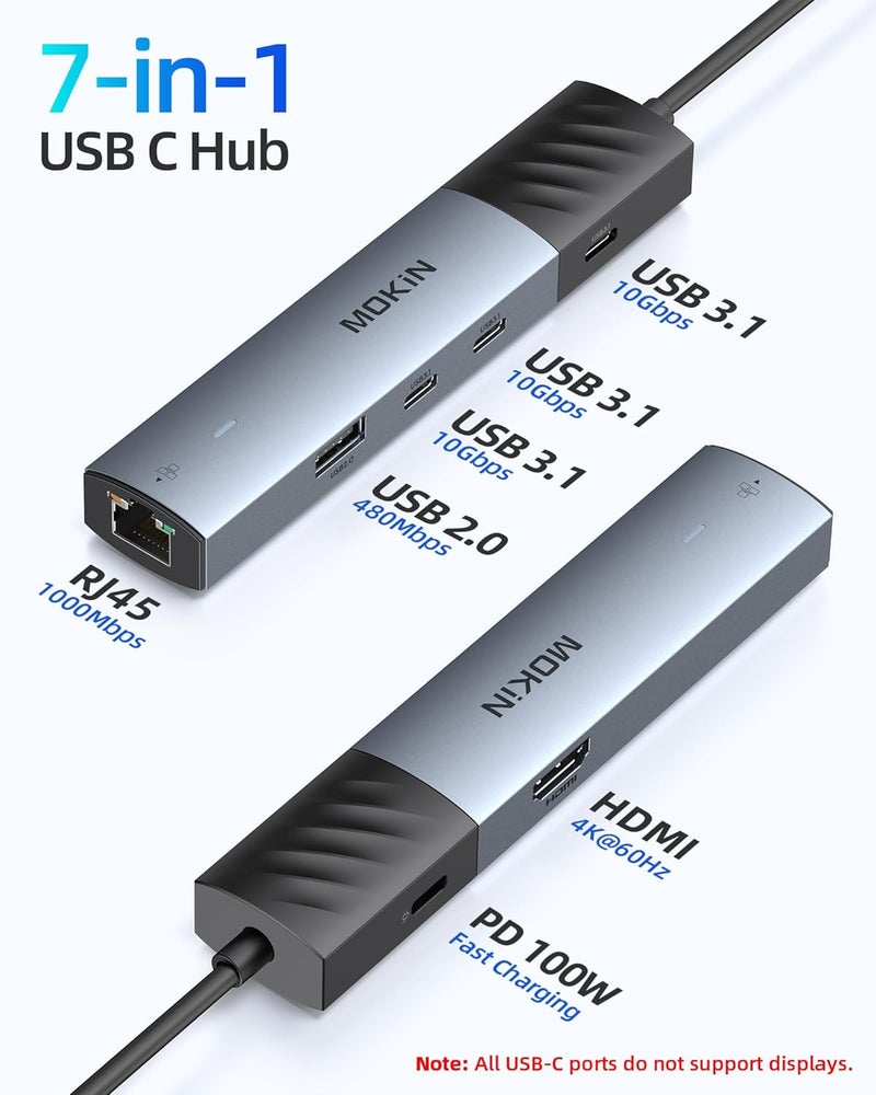 Mokin 10Gbps USB C Hub Ethernet, 7 in 1 USB C Adapter for MacBook Pro/Air with 4K@60HZ HDMI, 3*USB-C 10Gbps Data, RJ45, USB 2.0, 100W PD, USB C Dongle for MacBook Pro/Air/Dell/HP/Thinkpad/Lenovo. - Image 2