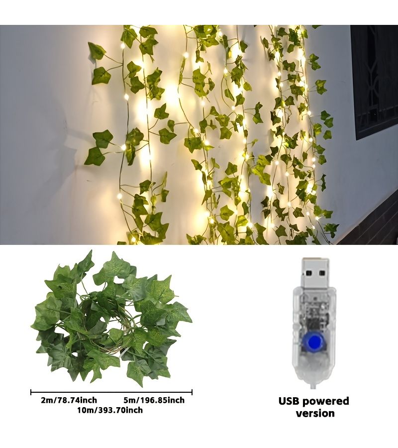 5m USB Green Leaf Ivy String Lights Warm White Fairy Decor - Image 3