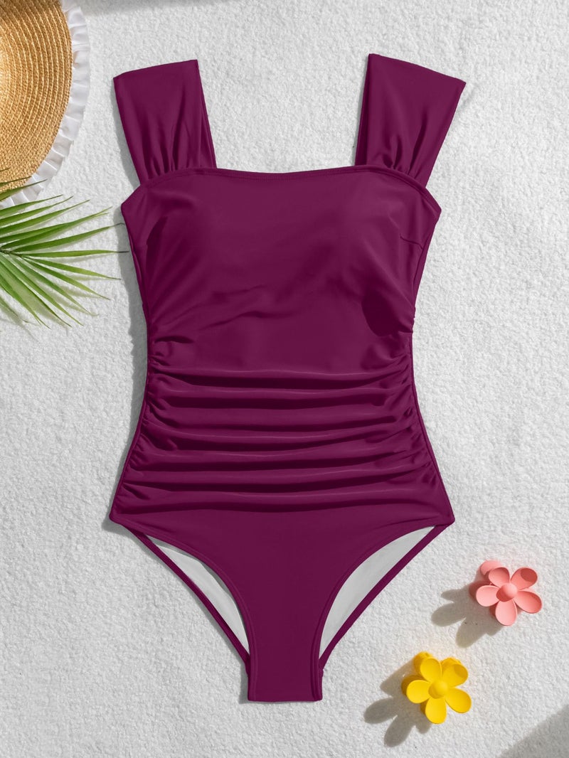 B2prity Womens One Piece Swimsuit Retro Square Neck Tummy Control Bathing Suits Ruched Modest Full Coverage Swimwear Wine Red - Image 5