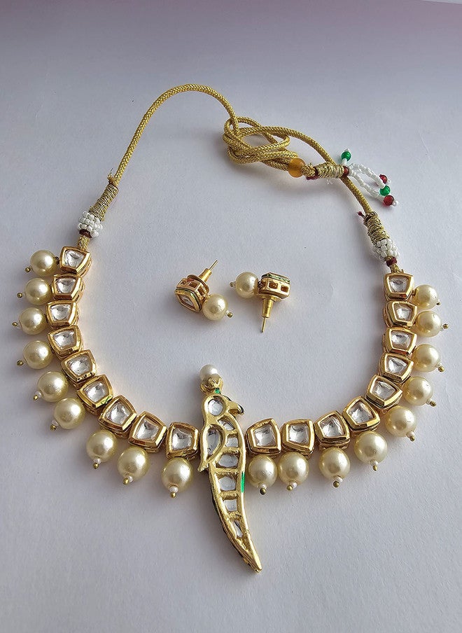 Binnis Wardrobe Gold-Plated Avyana Kundan-Studded & Beaded Bird Choker Jewellery Set - Image 2