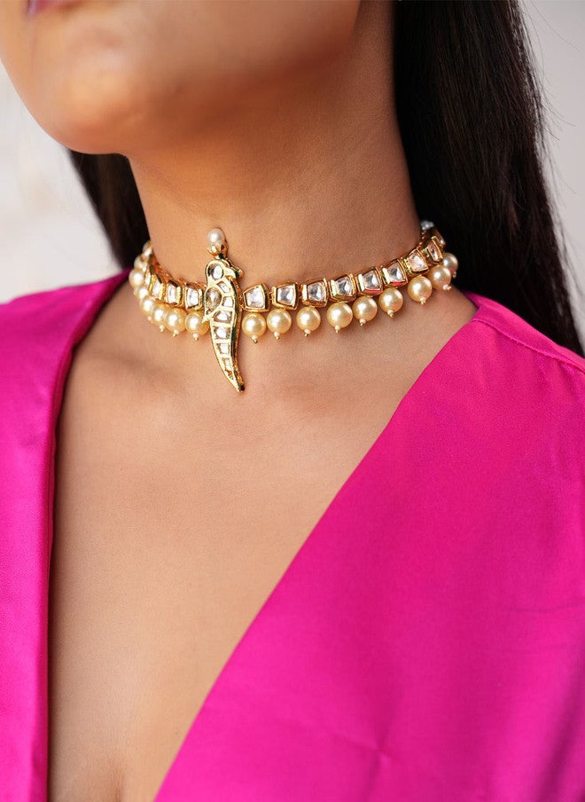 Binnis Wardrobe Gold-Plated Avyana Kundan-Studded & Beaded Bird Choker Jewellery Set - Image 5