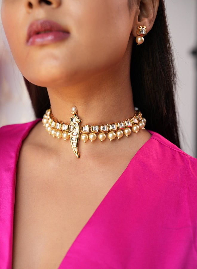 Binnis Wardrobe Gold-Plated Avyana Kundan-Studded & Beaded Bird Choker Jewellery Set - Image 1