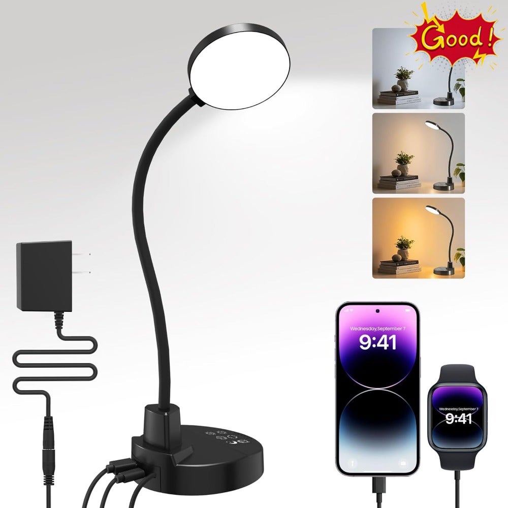 15W LED Desk Lamp with USB Charging Ports Dimmable Table Lamp with 3 Color Temps, 5 Brightness, 4 Timers, Flexible Gooseneck Light with Base, Eye-Caring Reading Light for Home Office, Bedroom, Study