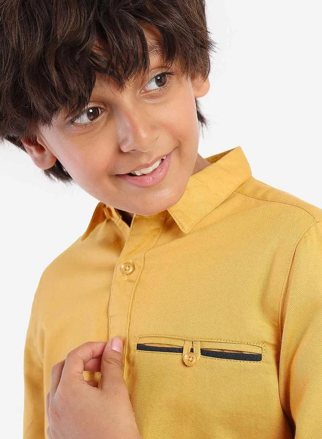 Bonkids Regular Long Sleeve Printed Mustard Cotton Shirt 100 % Cotton