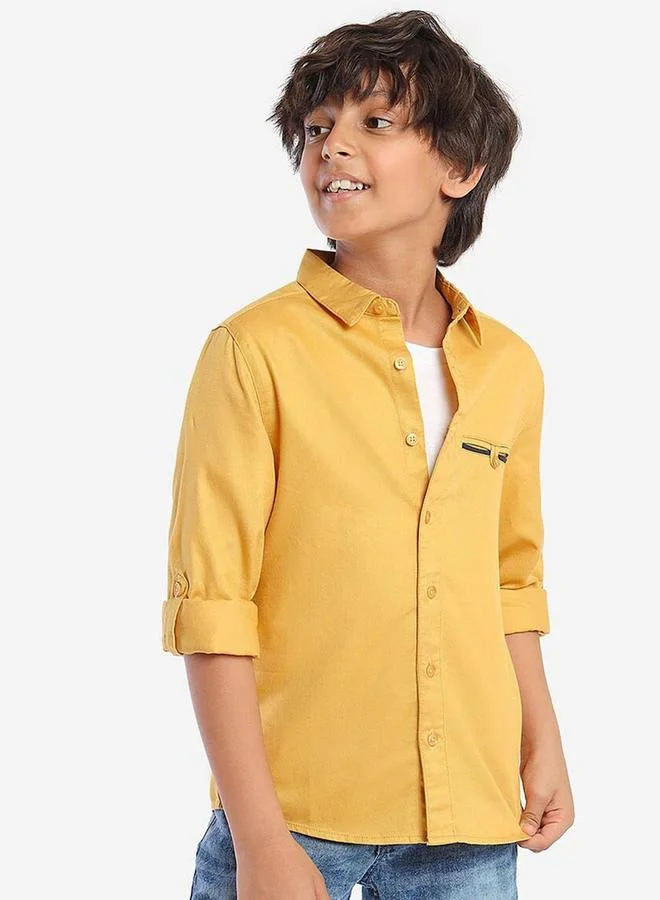 Bonkids Regular Long Sleeve Printed Mustard Cotton Shirt 100 % Cotton