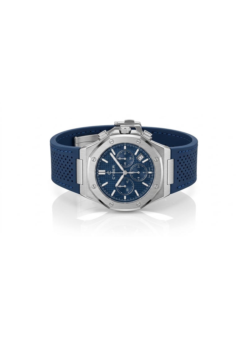 Cyber Men’s Luxury Sports Chronograph – Brushed Silver Bezel, Waffle-Texture Blue Dial, and Perforated Navy Sport Silicone Strap