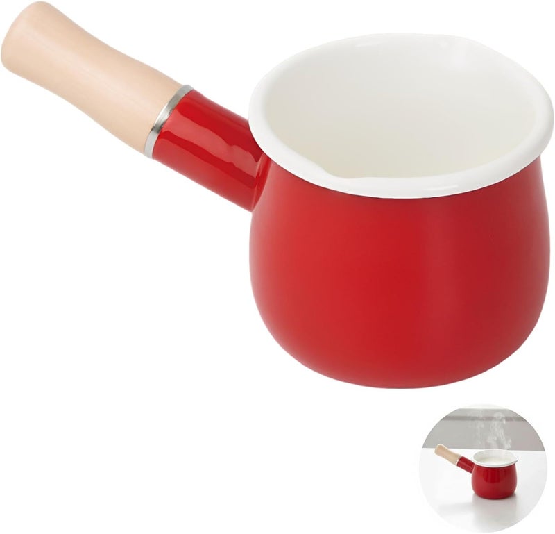 550Ml Enamel Milk Pot, Japanese Cute Saucepan, Wooden Handle 3.9 in Mini Food Warmer, Vibrant Red Pot for Kitchen - Image 2