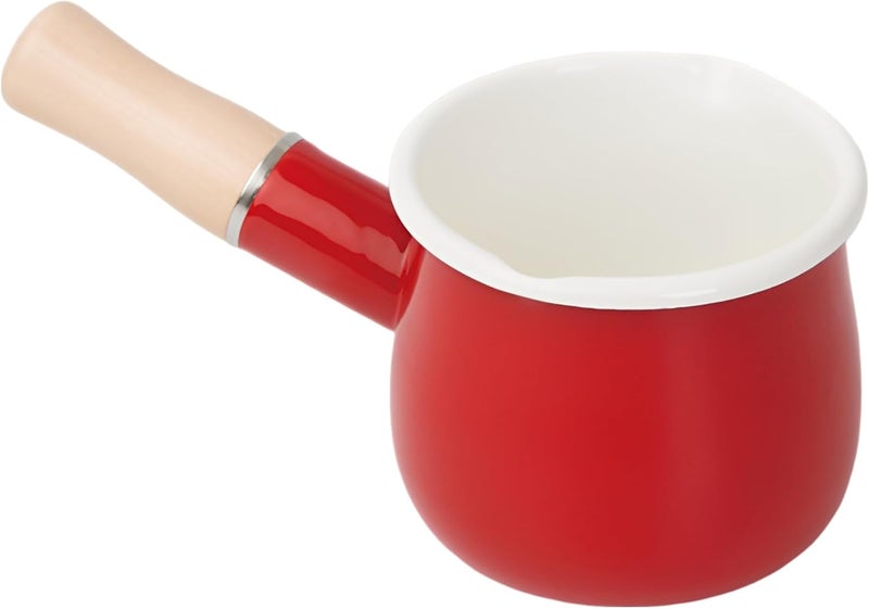 550Ml Enamel Milk Pot, Japanese Cute Saucepan, Wooden Handle 3.9 in Mini Food Warmer, Vibrant Red Pot for Kitchen - Image 1