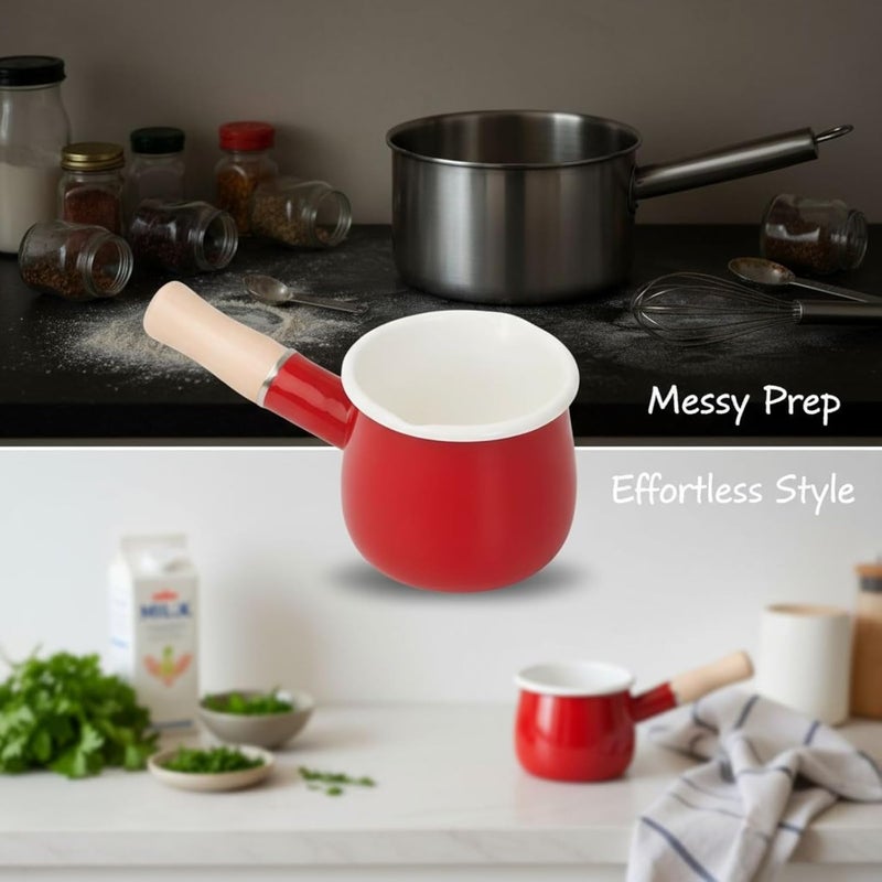 550Ml Enamel Milk Pot, Japanese Cute Saucepan, Wooden Handle 3.9 in Mini Food Warmer, Vibrant Red Pot for Kitchen - Image 3