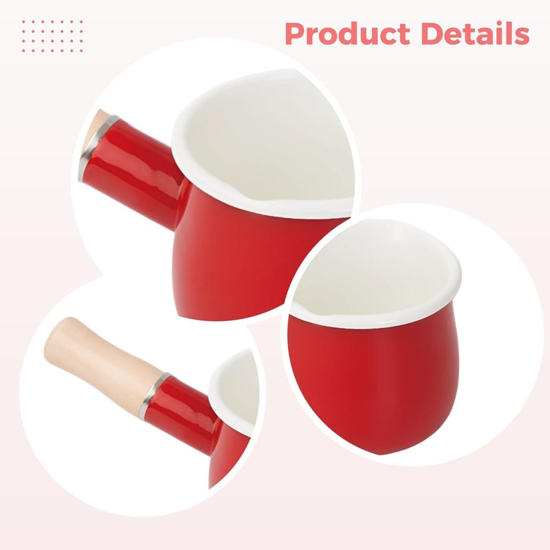 550Ml Enamel Milk Pot, Japanese Cute Saucepan, Wooden Handle 3.9 in Mini Food Warmer, Vibrant Red Pot for Kitchen - Image 5