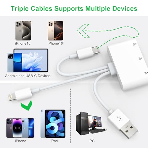 Ardaddyn XD Card Reader, SD Card Reader for iPhone, 3 in 1 SD/TF/XD Card Reader Adapter for iPhone/USB C Device, Lightning+USB A+USB C XD Picture Card Adapter for iPhone 16/15/14/iPad/PC/Android - Image 2