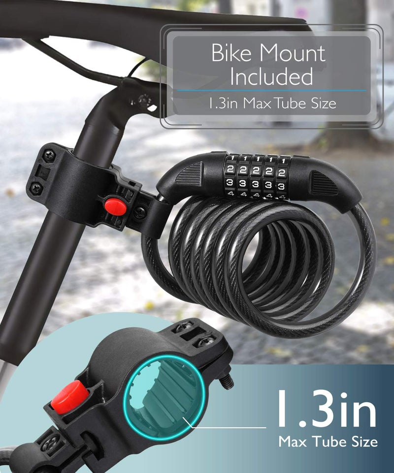 Fosmon Bike Lock Cable (6 Feet), Heavy Duty 5-Digit Self Coiling Resettable Combination Code, Bicycle Chain Flexible Steel Security Cable Lock with Bike Mount Holder - Black - Image 3