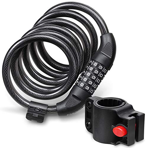 Fosmon Bike Lock Cable (6 Feet), Heavy Duty 5-Digit Self Coiling Resettable Combination Code, Bicycle Chain Flexible Steel Security Cable Lock with Bike Mount Holder - Black - Image 1
