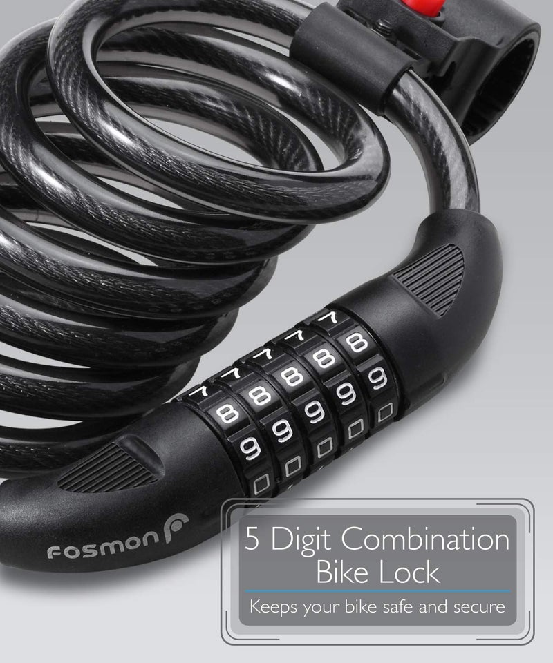 Fosmon Bike Lock Cable (6 Feet), Heavy Duty 5-Digit Self Coiling Resettable Combination Code, Bicycle Chain Flexible Steel Security Cable Lock with Bike Mount Holder - Black - Image 2