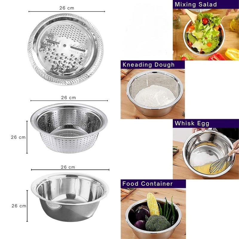 NVF 3 in 1 Multifunctional Thicken Stainless Steel Basin Grater Vegetable Cutter with Drain Basket Vegetable Fruits Washing Bowl Strainer Set 26cm Steel Colour - Image 2