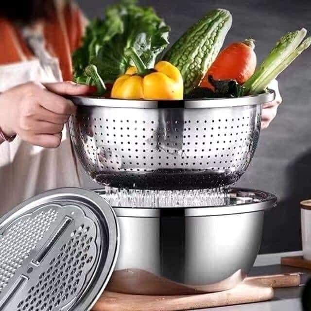 NVF 3 in 1 Multifunctional Thicken Stainless Steel Basin Grater Vegetable Cutter with Drain Basket Vegetable Fruits Washing Bowl Strainer Set 26cm Steel Colour - Image 3