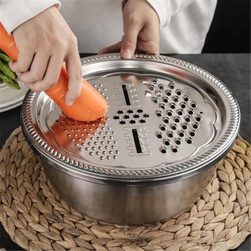 NVF 3 in 1 Multifunctional Thicken Stainless Steel Basin Grater Vegetable Cutter with Drain Basket Vegetable Fruits Washing Bowl Strainer Set 26cm Steel Colour - Image 4