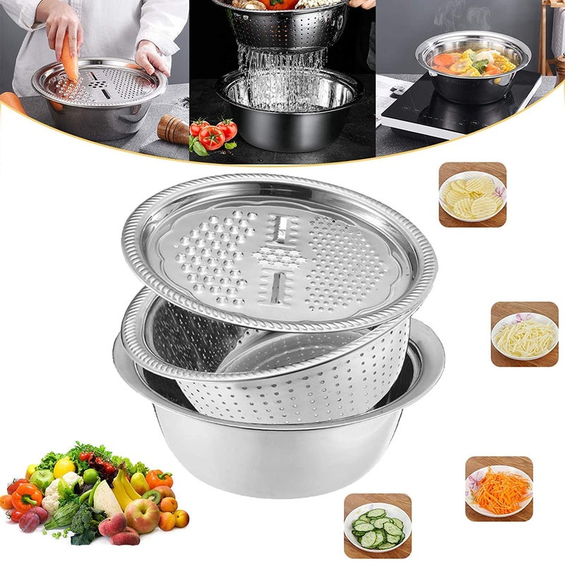 NVF 3 in 1 Multifunctional Thicken Stainless Steel Basin Grater Vegetable Cutter with Drain Basket Vegetable Fruits Washing Bowl Strainer Set 26cm Steel Colour - Image 5