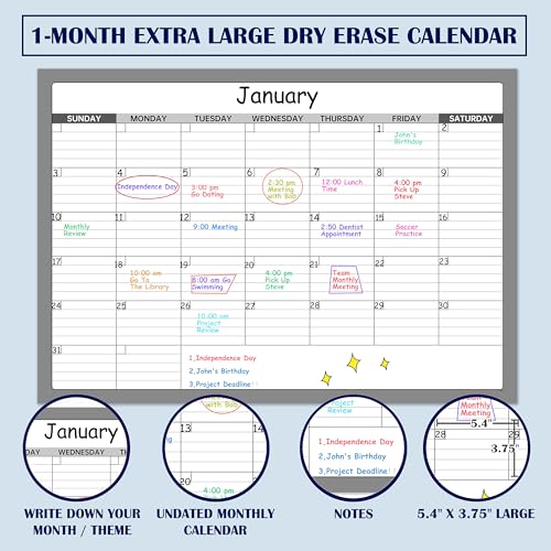 BooQool Large Dry Erase Calendar - Undated 1 Monthly Wall Calendar Laminated, 40" x 28", Blank Reusable Calendar Planner with Large Daily Boxes, Notes, Stickers, Great for Home, Office, Classroom, Grey - Image 3